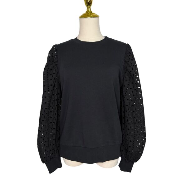Anthropologie Othilia Imogen Women’s Small Black Eyelet Pullover Long Sleeve Top - Picture 4 of 11